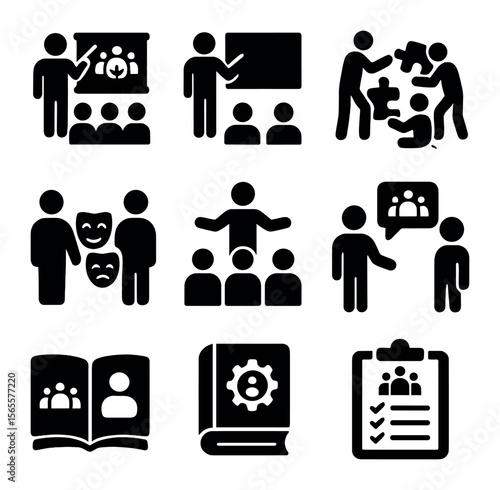 DEI Workshop Icons. Solid, filled icons set of DEI workshops: training icon, classroom board, group activity,