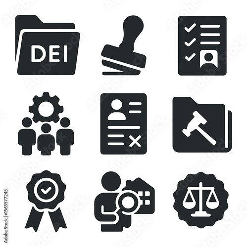 DEI Compliance Icons. Solid, filled icons set of DEI compliance: policy folder, compliance stamp, audit