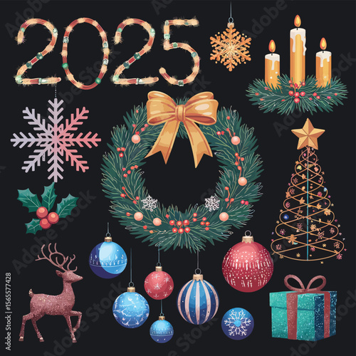 vector Happy New Year Celebrating 2025 in Latin letters , Christmas Decoration Items Santa Claus
