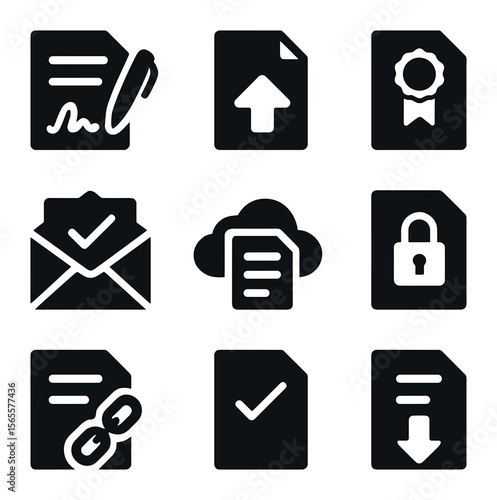 Digital Contract Icons. Solid, filled icons set of digital contracts: e-signature, document upload, digital
