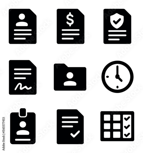 Employment Contracts Icons. Solid, filled icons set of employment contracts: job offer letter, salary terms,
