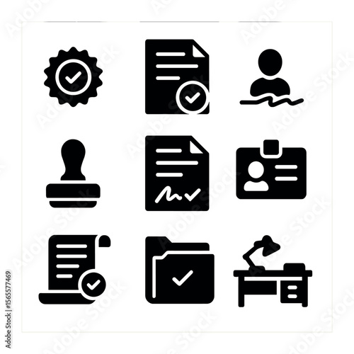 Notarized Document Icons. Solid, filled icons set of notarized documents: notary seal, legal paper, witness