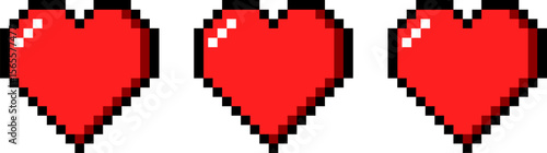 Set of pixelated red hearts, multiple lives in video games on a transparent background