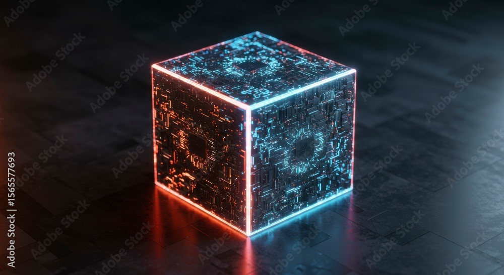 Obraz premium Glowing cube with intricate internal circuitry, reflecting on dark surface