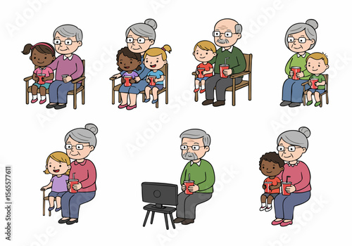 Cartoon illustration of grandparents and grandchildren sitting together enjoying drinks and activities, representing intergenerational bonding and diverse family relationships.