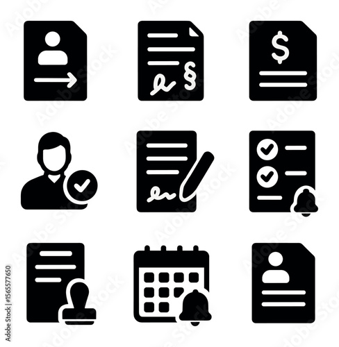 Termination Agreement Icons. Solid, filled icons set of termination agreements: exit form, resignation clause,