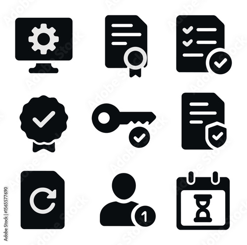Software License Icons. Solid, filled icons set of software licenses: software icon, EULA paper, terms check,