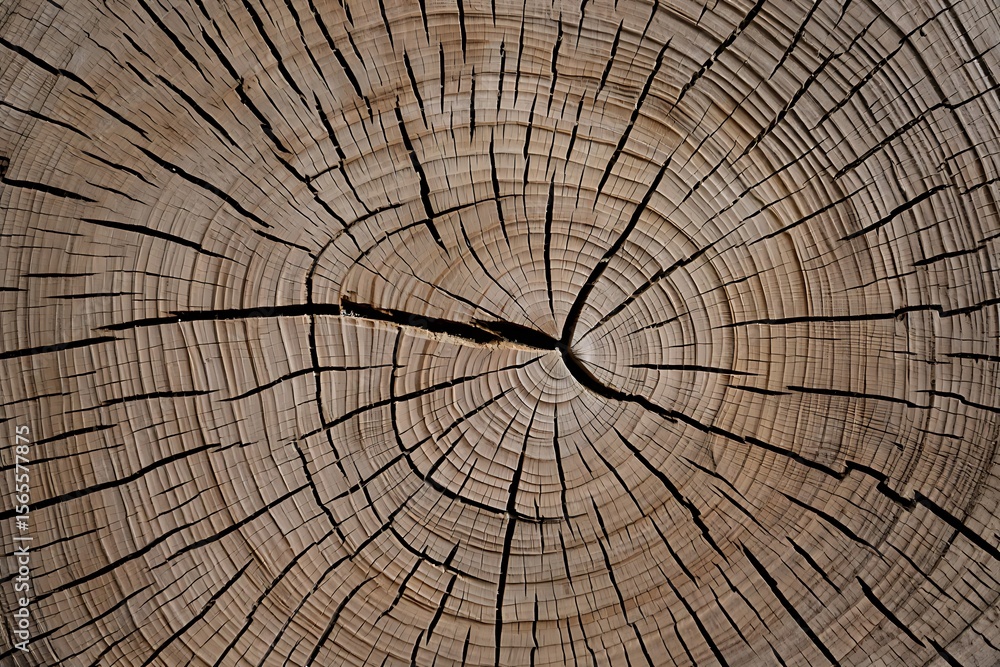 Fototapeta premium Close Up View of the Tree Rings and Cracks on a Weathered Wood Surface