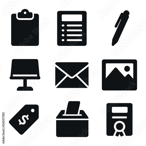 Silent Auction Icons. Solid, filled icons set of silent auctions: clipboard icon, silent bid sheet, pen icon,