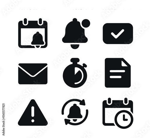 Automatic Reminders Icons Grid. Solid, filled icons set of automatic reminders: calendar icon, bell alert, due