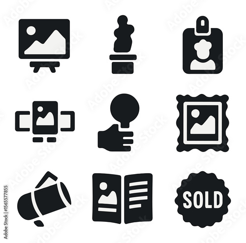 Art Auction Icons. Solid, filled icons set of art auctions: painting icon, sculpture base, artist tag, gallery