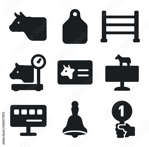 Livestock Auction Icons. Solid, filled icons set of livestock auctions: cow icon, pen tag, livestock gate,