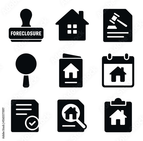 Foreclosure Auction Icons. Solid, filled icons set of foreclosure auctions: foreclosure stamp, house icon,