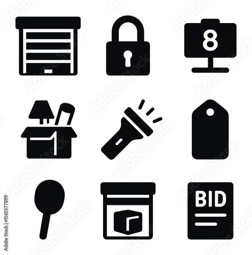 Storage Auction Icons. Solid, filled icons set of storage unit auctions: storage door, lock icon, unit number,