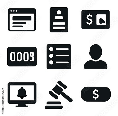 Digital Bidding Icons. Solid, filled icons set of digital bidding platforms: web interface, login form, bid
