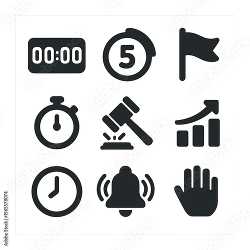 Timed Auction Icons. Solid, filled icons set of timed auctions: digital clock, countdown icon, auction start