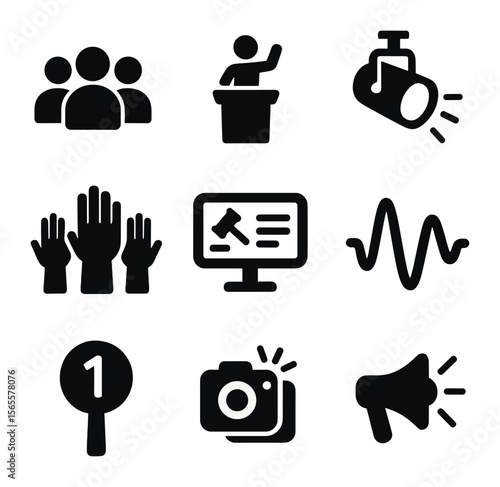 Live Auction Icons. Solid, filled icons set of live auctions: audience icon, auctioneer podium, spotlight,