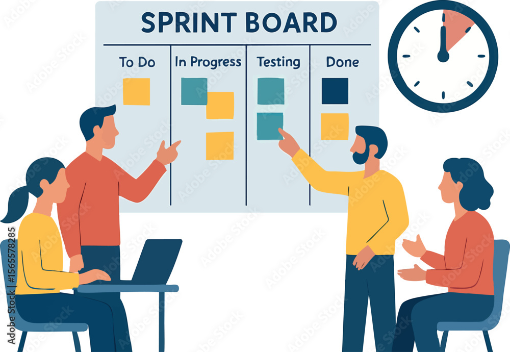 Flat vector agile scrum meeting with sprint board and timer, isolated on white Flat vector agile scrum meeting with sprint board and timer, isolated on white