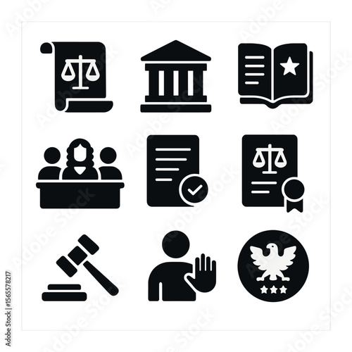 Constitutional Law Icons. Solid, filled icons set of constitutional law: legal constitution scroll, national