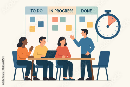 Flat vector agile scrum meeting with sprint board and timer, isolated on white