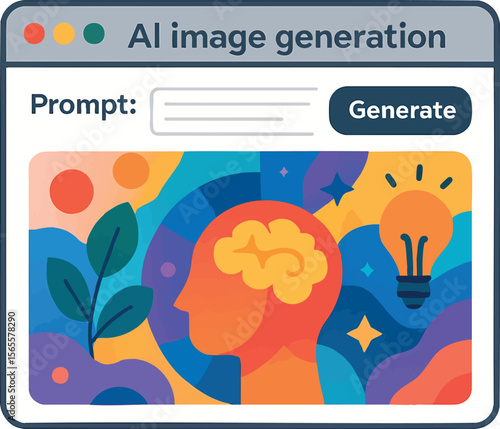 Flat vector AI art generation interface with prompt box and colorful output, creative tech trend, isolated on white