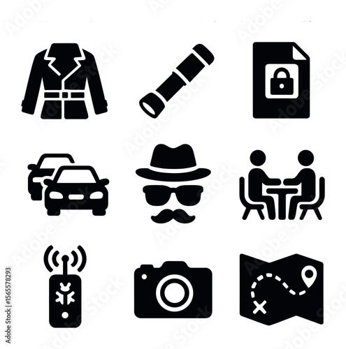 Investigation Icons Grid. Solid, filled icons set of private investigation: trench coat icon, spyglass,