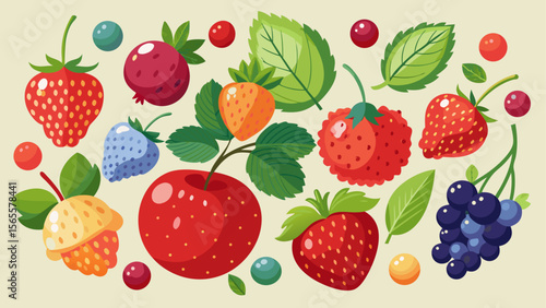 Various colorful cartoon berries and fruits including strawberries, grapes, and cherries with leaves on a light background