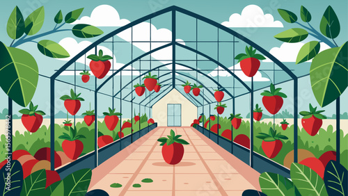 Strawberries growing inside a glass greenhouse with green plants, clear blue sky and tiled pathway under bright daylight