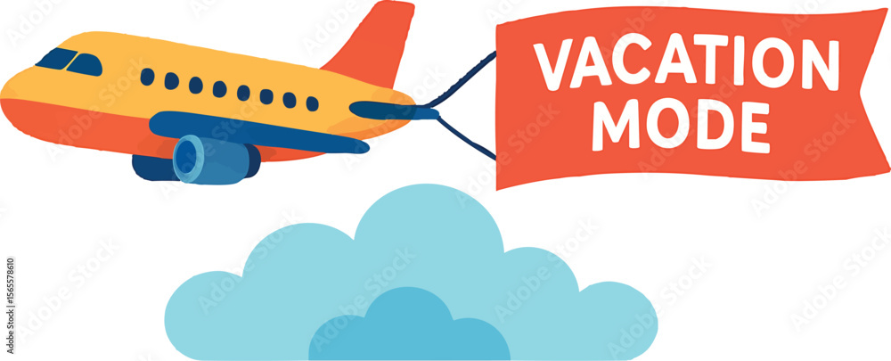 Flat vector airplane flying above clouds with “Vacation Mode” banner, isolated on white Flat vector airplane flying above clouds with “Vacation Mode” banner, isolated on white