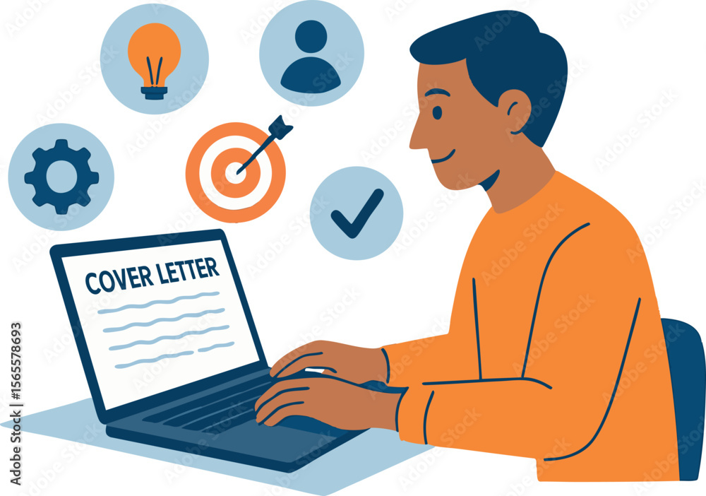 Flat vector applicant typing cover letter on laptop, surrounded by motivation icons, isolated on white Flat vector applicant typing cover letter on laptop, surrounded by motivation icons, isolated on white