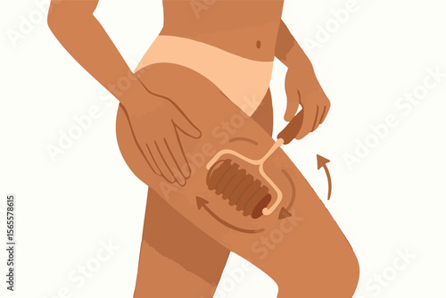 Flat vector anti-cellulite massage using roller tool on thighs, wellness illustration, isolated on white