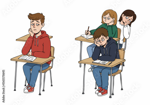 Illustration of bored, tired students sitting at desks in a classroom, looking unmotivated and uninterested during a lesson or lecture.