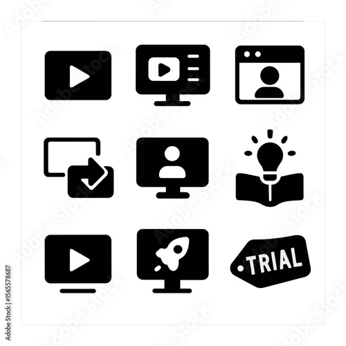 Product Demo Icons. Solid, filled icons set of product demos: play button, feature walkthrough, demo login,