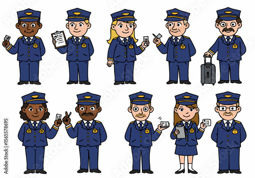 Diverse cartoon illustration set of transportation personnel or conductors in blue uniforms with tickets, clipboards, and luggage.