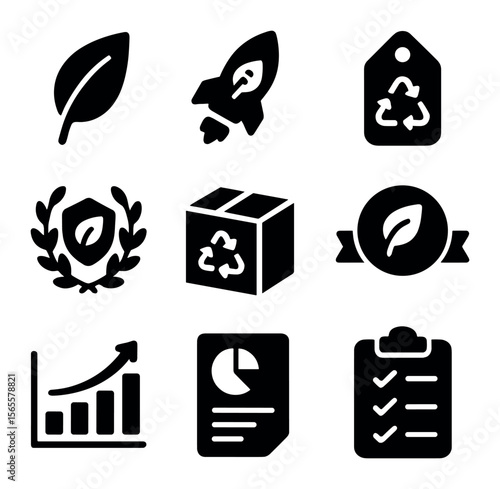 Sustainability Icon Grid. Solid, filled icons set of sustainability launch: eco icon, green startup, reusable