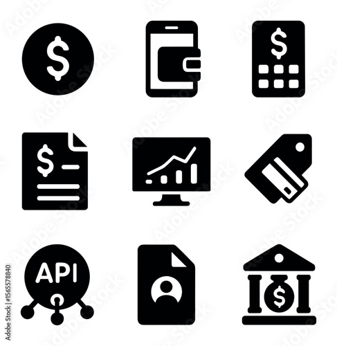 Fintech Icons Grid. Solid, filled icons set of fintech startup launch: finance icon, mobile wallet, budget