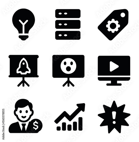 Innovation Icons Grid. Solid, filled icons set of innovation pitch: lightbulb idea, tech stack, innovation tag