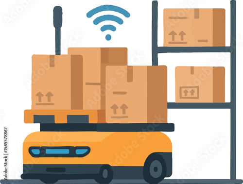 Flat vector automated guided vehicle (AGV) transporting materials in smart warehouse, isolated on white