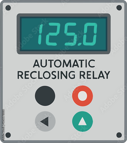 Flat vector automatic reclosing relay box with display and control buttons, isolated on white
