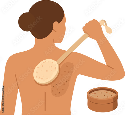 Flat vector back exfoliation scene with loofah and natural scrub, clean skin care, isolated on white