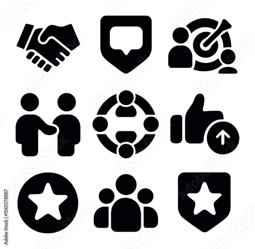 Community Icons Grid. Solid, filled icons set of community-based startup: handshake icon, forum badge, shared