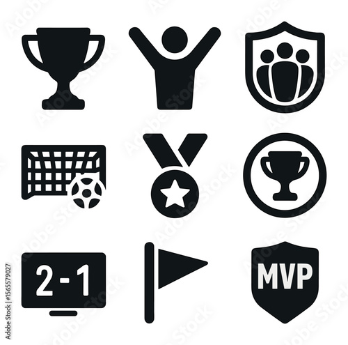 Sports Achievement Icons. Solid, filled icons set of sports tournament winners: gold cup, victory pose, team