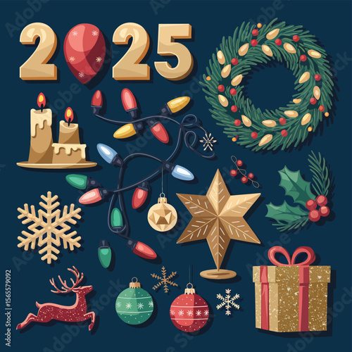vector Happy New Year Celebrating 2025 in Latin letters , Christmas Decoration Items Santa Claus
