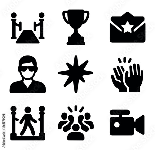 Award Show Icons. Solid, filled icons set of award show winners: red carpet icon, trophy shot, speech mic,
