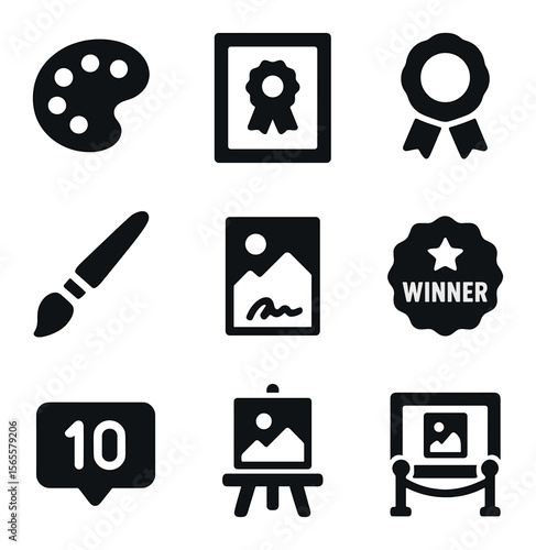 Art Contest Icons. Solid, filled icons set of art contest winners: paint palette, framed award, ribbon tag,
