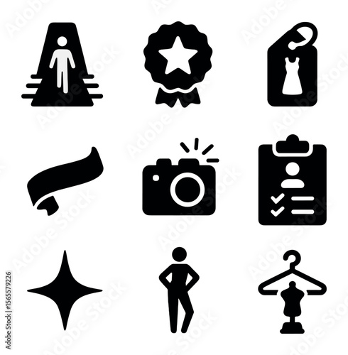 Fashion Icon Set. Solid, filled icons set of fashion contest winners: runway icon, style badge, outfit tag,