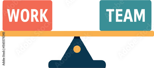 Flat vector balance scale with “Work” and “Team” blocks perfectly aligned, leadership balance metaphor, isolated on white