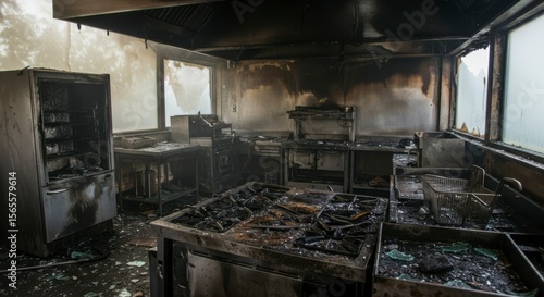 Damaged commercial kitchen after fire.  Extensive smoke and fire damage throughout