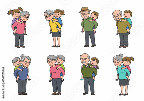Cartoon illustration set of grandparents giving piggyback rides to grandchildren on white background.