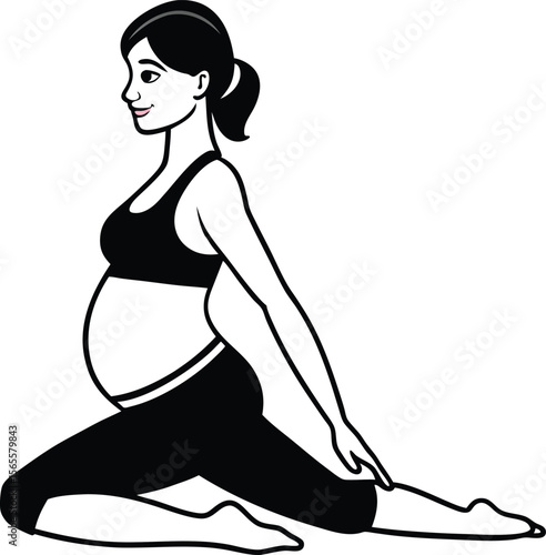An expectant mother in black activewear holds a seated prenatal yoga stretch for flexibility and well-being